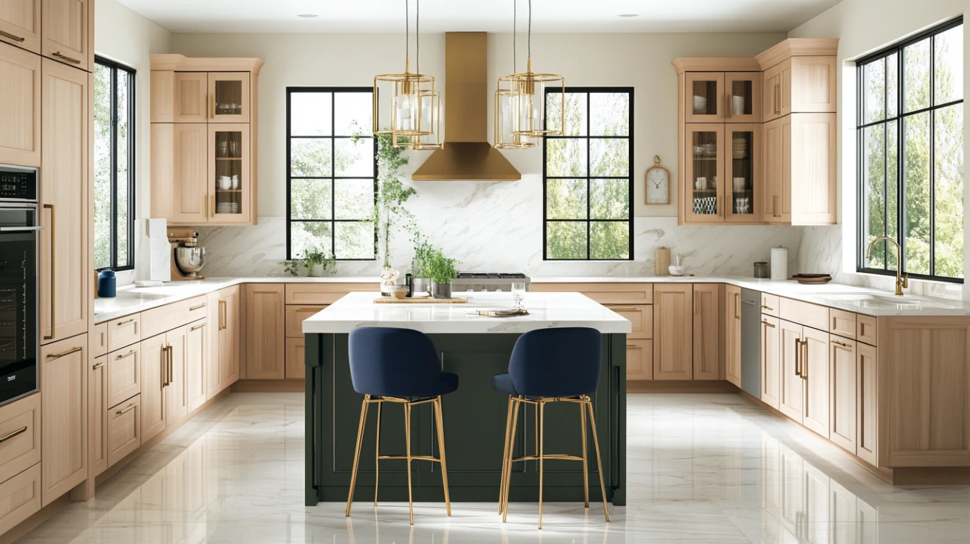 cozy kitchen with birch kitchen cabinets and navy bar stools
