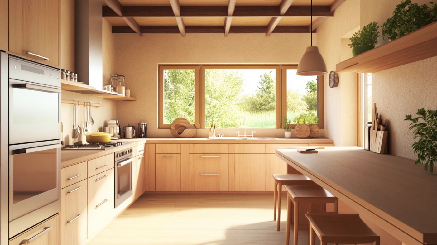 kitchen with birch kitchen cabinets matte finish under wood beams