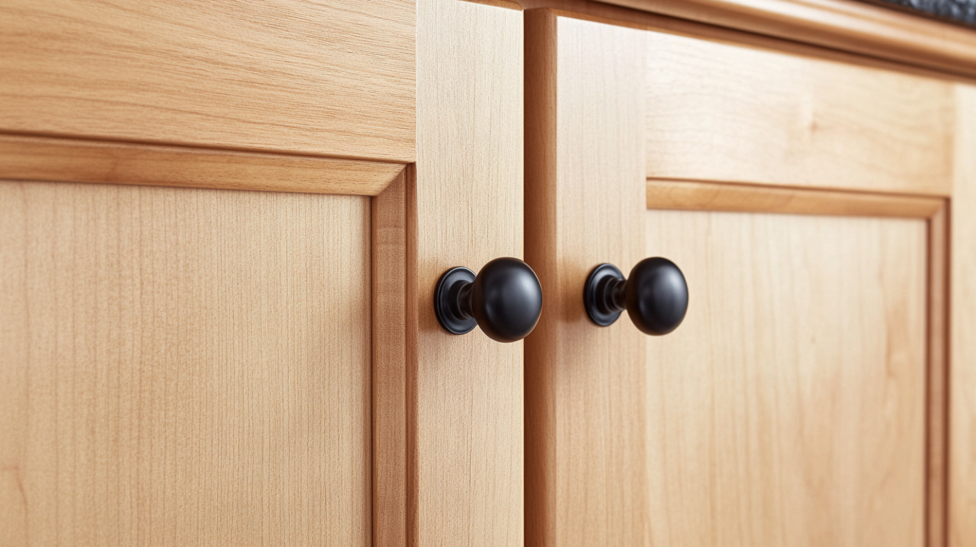 close-up of birch wood kitchen cabinets with round black knobs