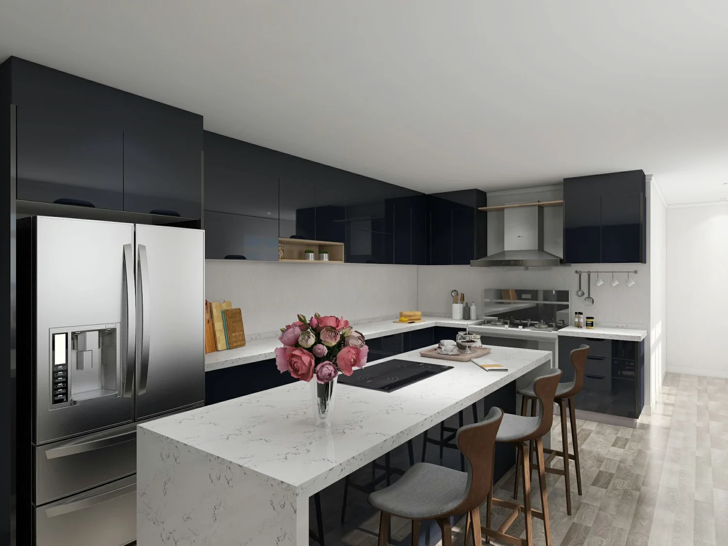 A modern kitchen featuring high-gloss acrylic kitchen cabinets in dark grey