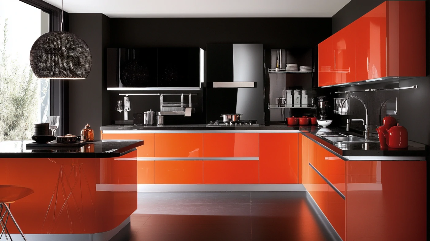 A modern kitchen with high-gloss acrylic kitchen cabinets in bold orange and black, creating visual depth with contrasting colors.
