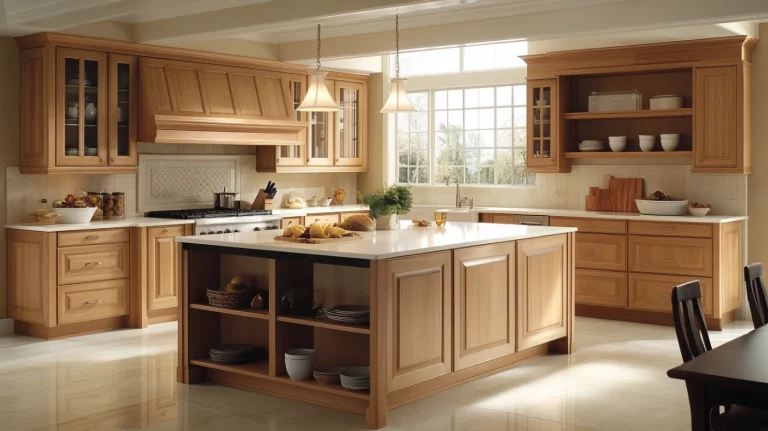 bright kitchen with modern birch kitchen cabinets and large island