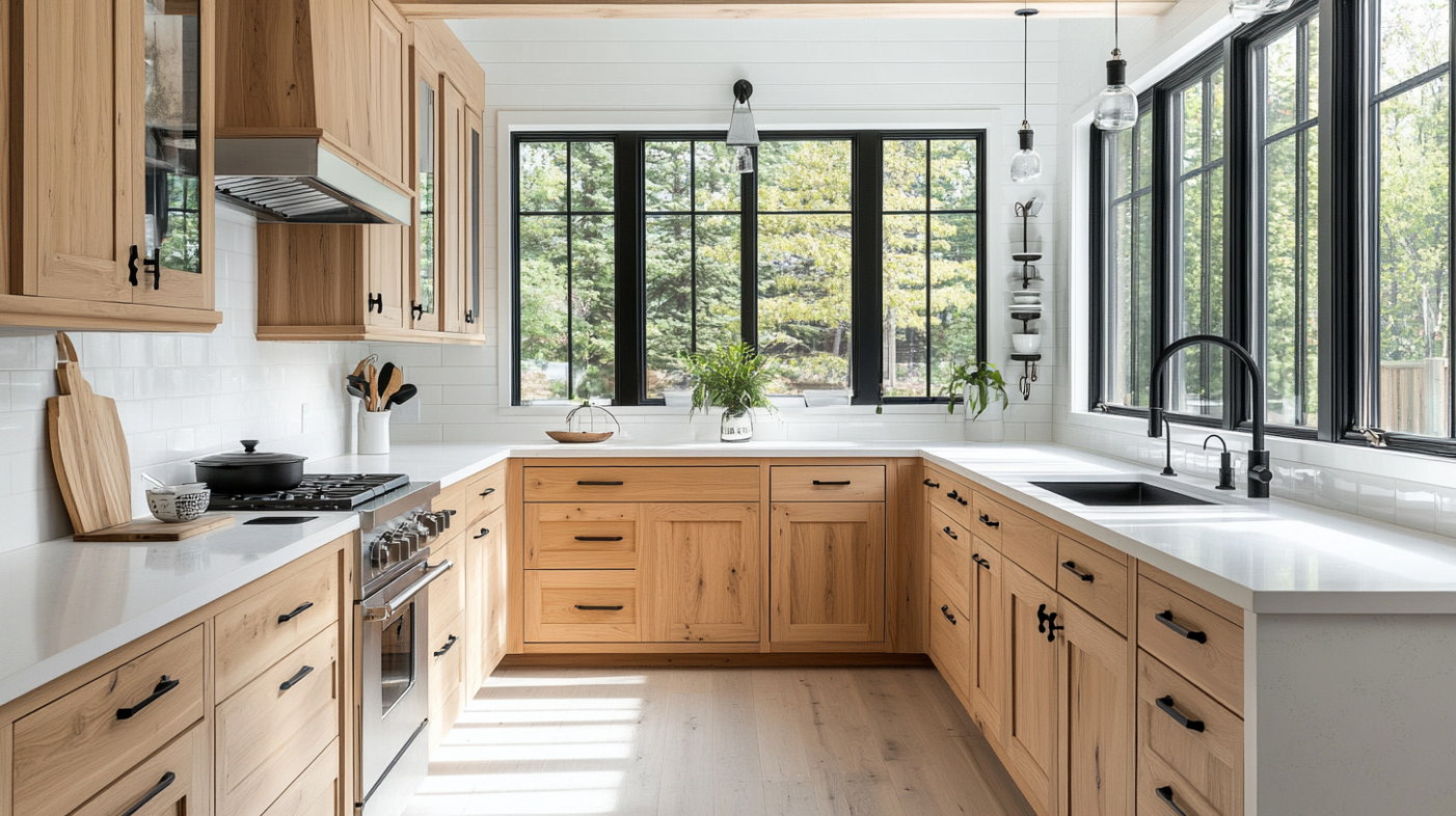 Sunlit kitchen showcasing pine kitchen cabinets and sleek black hardware