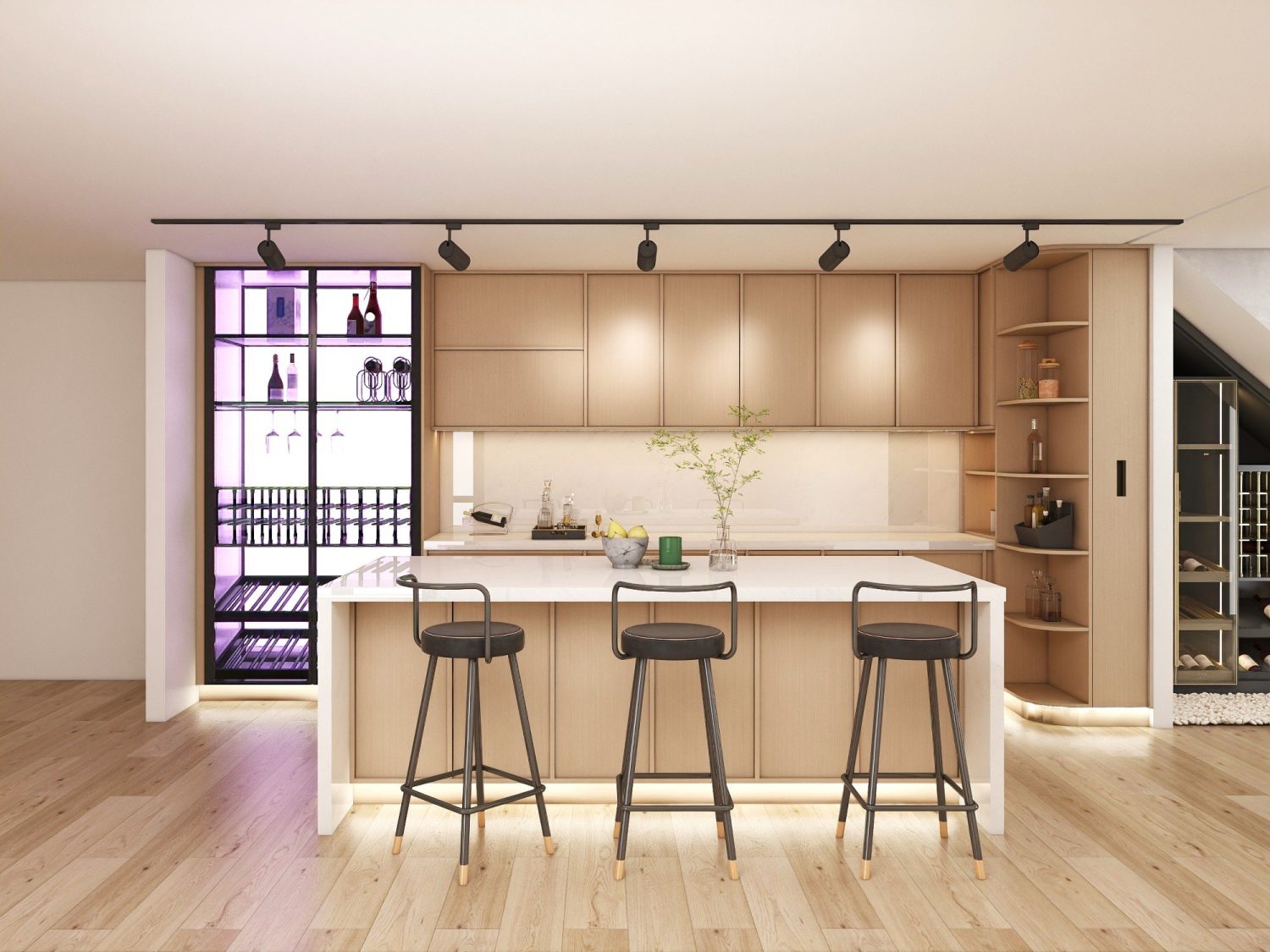 Handleless beech-tone kitchen cabinets with white composite island, integrated LED-lit wine display and black breakfast stools.
