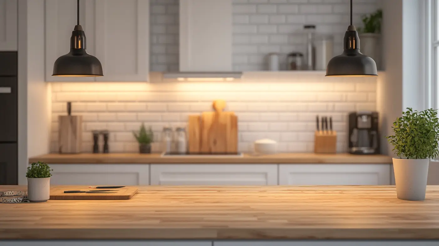 Warm butcher block countertop in a cozy modern kitchen with natural wood grain and white cabinetry.