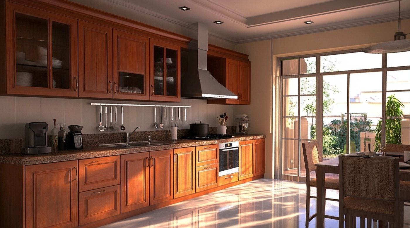What Are the Pros and Cons of Choosing Cherry Wood Kitchen Cupboards? 1 Kitchen with rich cherry wood kitchen cupboards paired with a granite countertop, creating a warm and inviting cooking space.