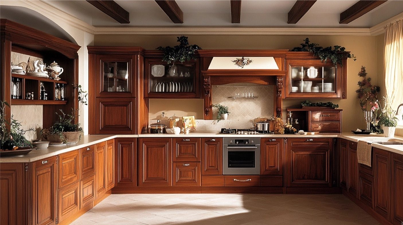 Light streaming in the Elegant kitchen featuring rich cherry wood kitchen cupboards with detailed paneling.