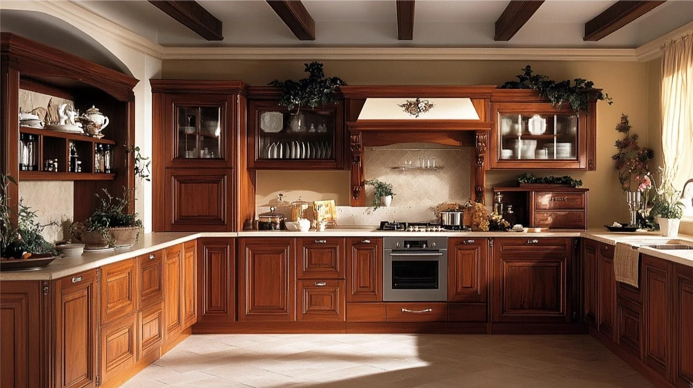 La luz entra a raudales en la elegante cocina, que cuenta con ricos armarios de madera de cerezo con paneles detallados.
