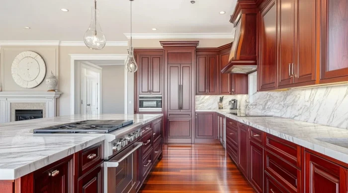 A elegant bright modern kitchen featuring rich cherry wood kitchen cupboards with detailed paneling, paired with white marble countertops and backsplash.