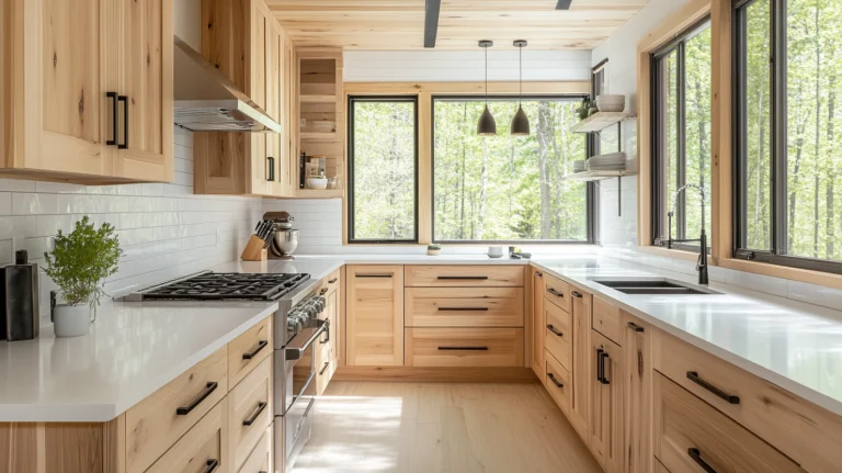 Bright Scandinavian kitchen featuring clear pine cabinets and white quartz