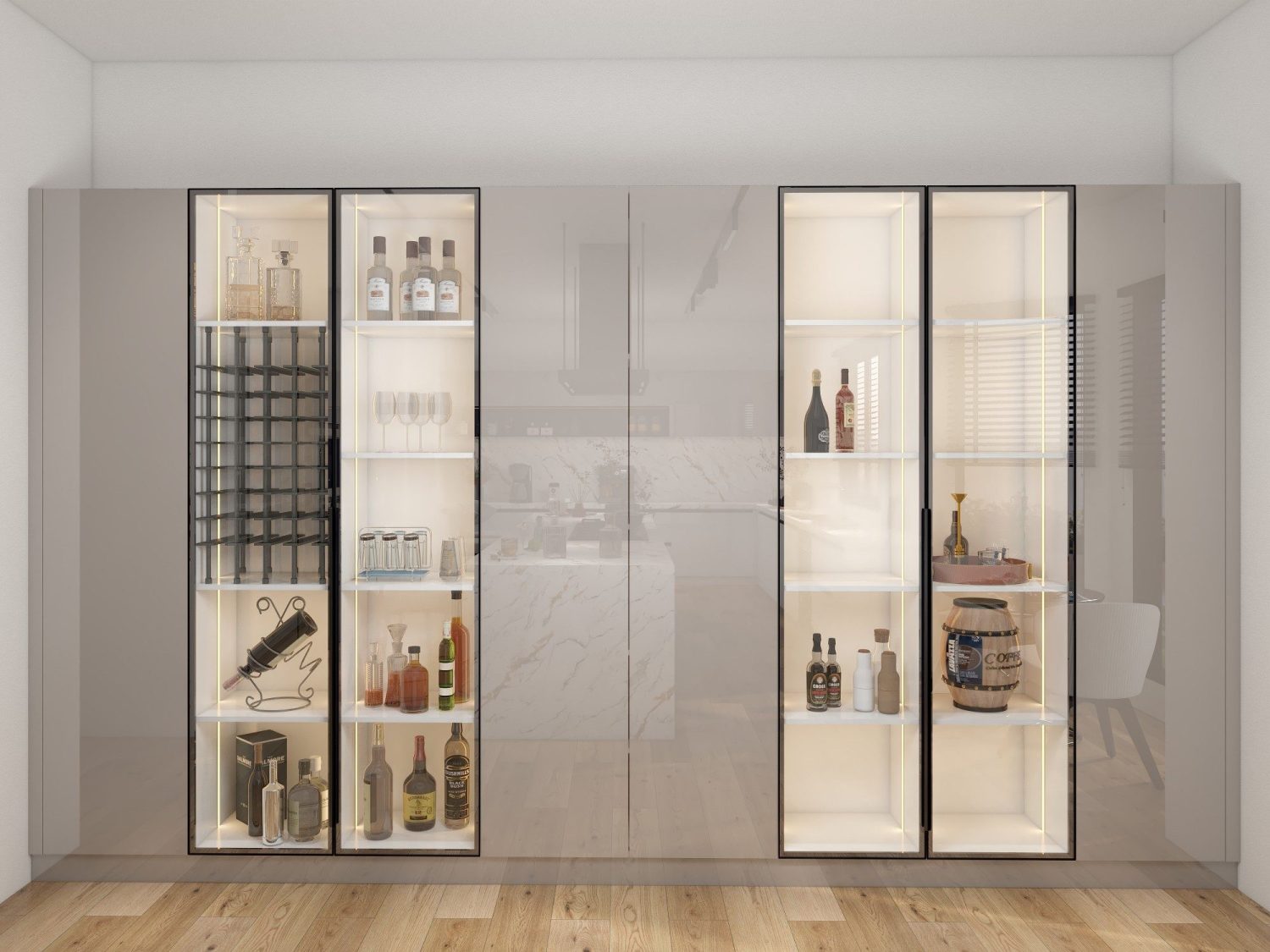 Glass-front climate-resistant wood cabinet with integrated wine rack and LED-lit display shelving.