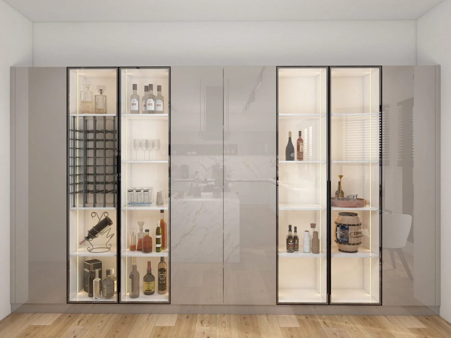 Mueble de madera resistente a la intemperie con frente de vidrio, botellero integrado y estantes de exhibición iluminados con LED.
