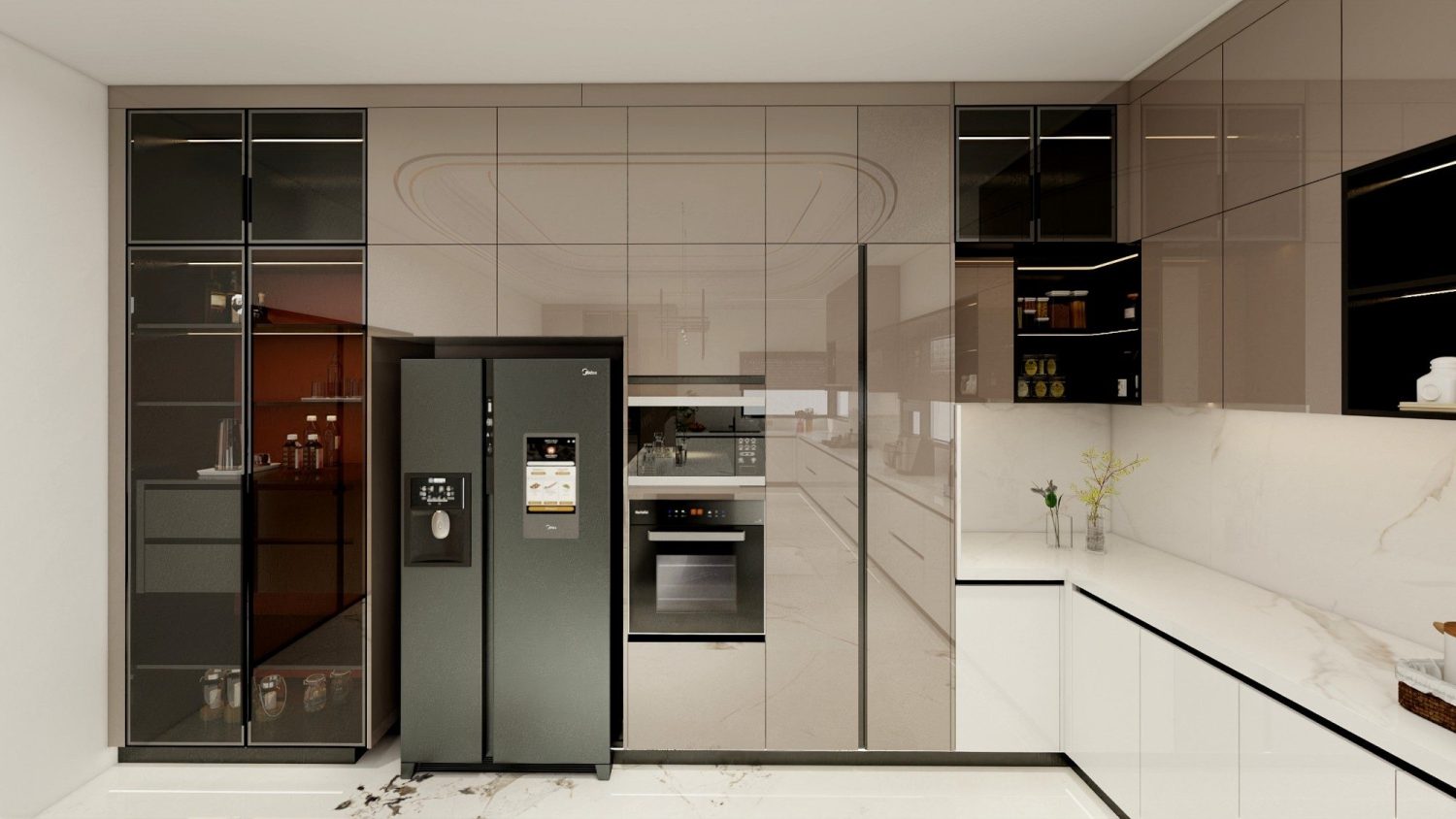 Built-in climate-resistant wood cabinets with integrated refrigerator, oven, and glass-front display in a modern kitchen.