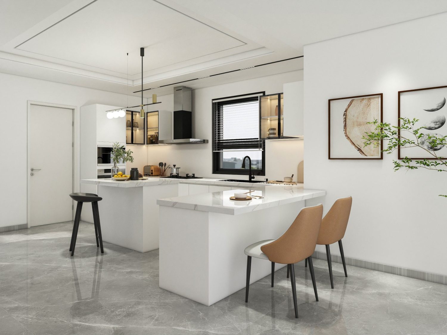 Minimalist kitchen with climate-resistant wood cabinets featuring moisture-resistant finishes and termite-protected construction.