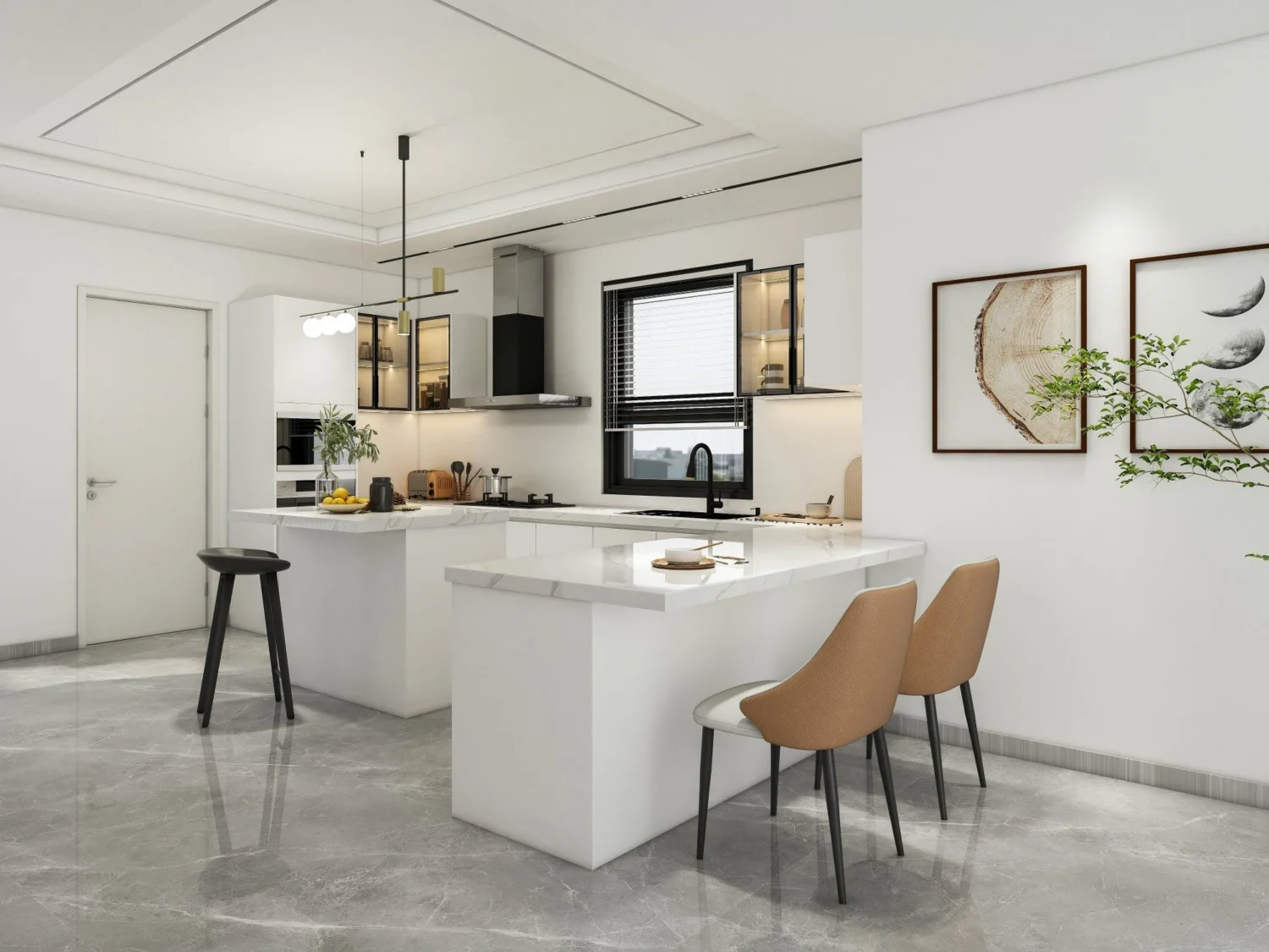 Cocina minimalista con gabinetes de madera resistentes al clima con acabados resistentes a la humedad y construcción protegida contra termitas.