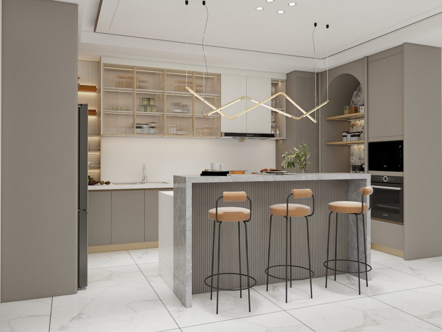 Contemporary kitchen with climate-resistant wood cabinets featuring moisture-resistant finishes and fluted island detailing.