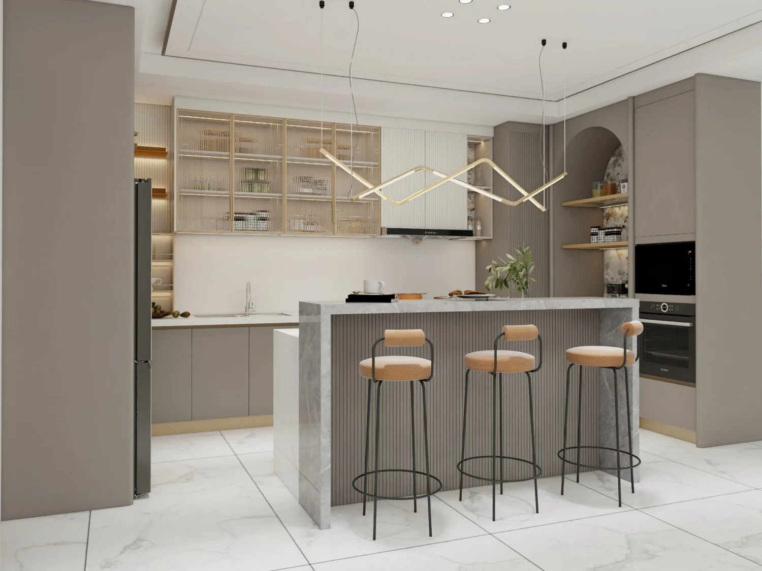Cocina contemporánea con gabinetes de madera resistentes al clima con acabados resistentes a la humedad y detalles de isla acanalada.