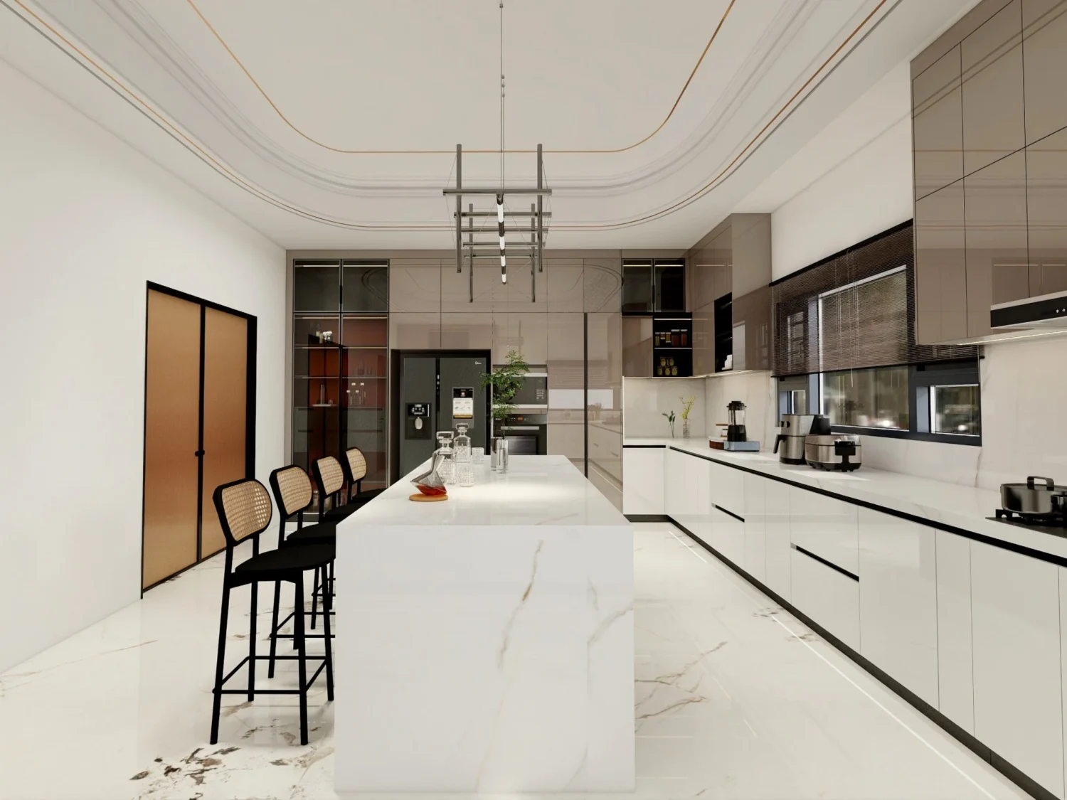 Amplia cocina con gabinetes de madera resistentes al clima e isla de mármol con acabados resistentes a la humedad y protegidos contra termitas.