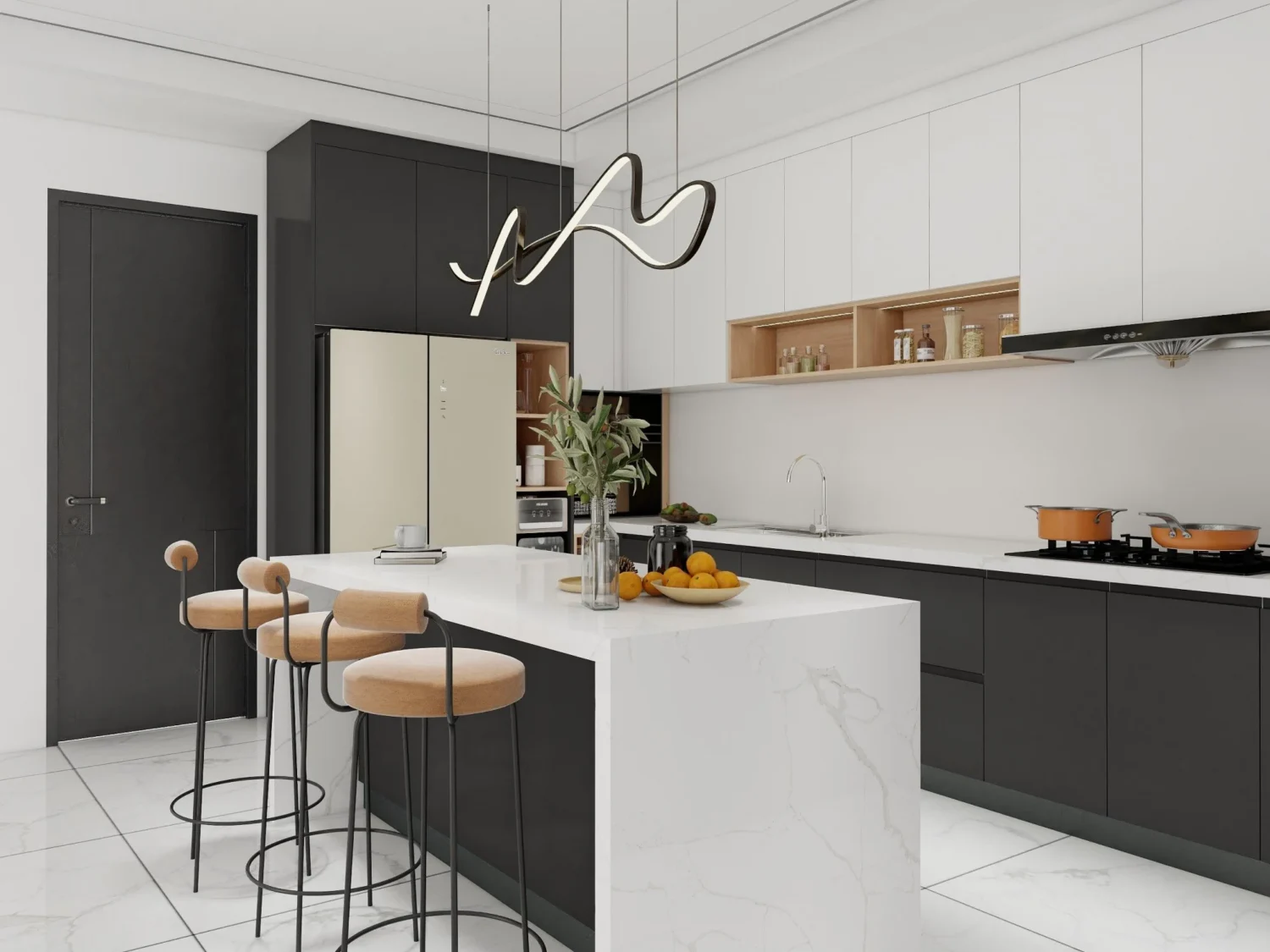 Cocina moderna con gabinetes de madera resistentes al clima que presentan barreras de humedad, construcción ventilada y acabados resistentes al calor.