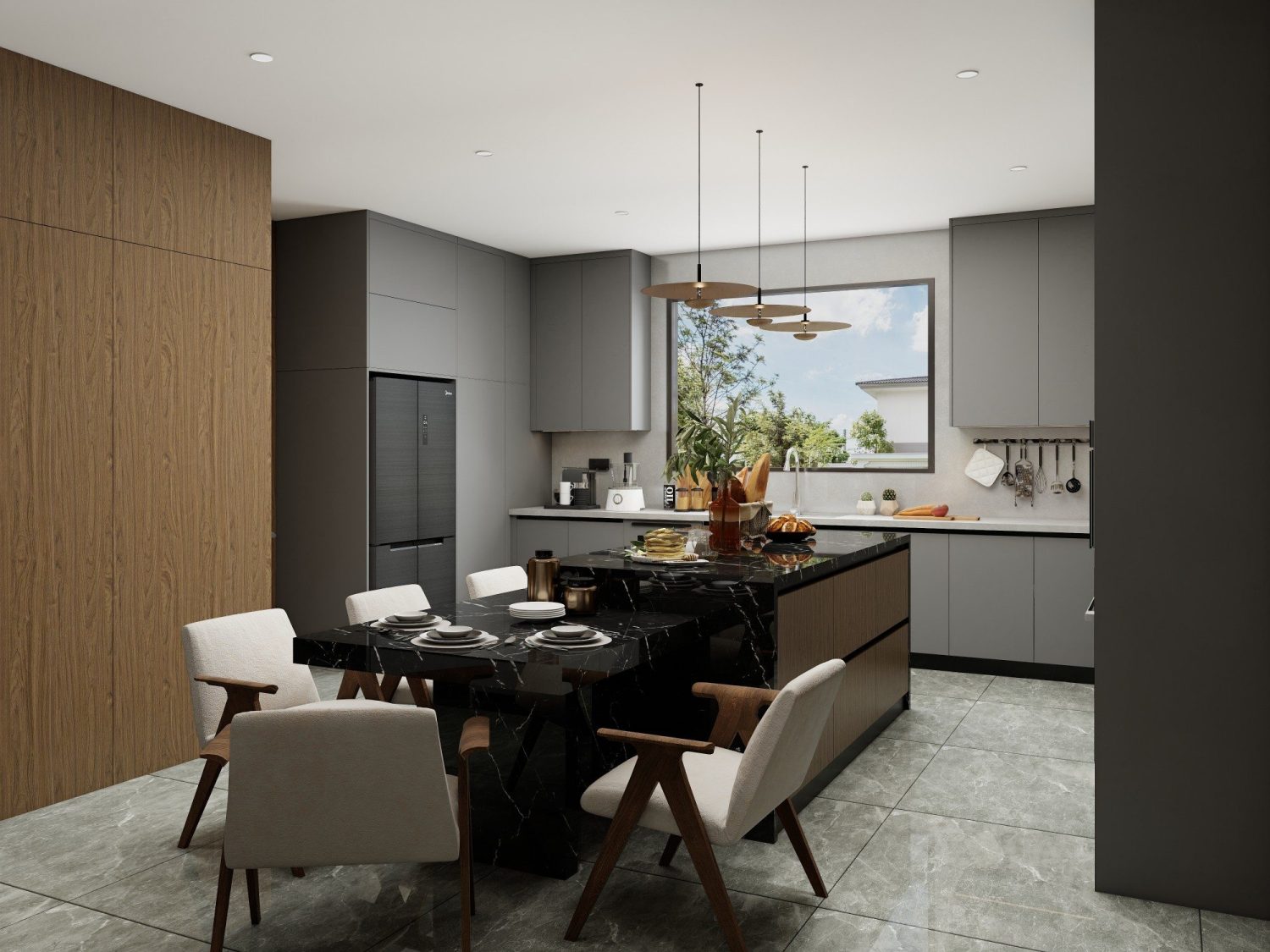Black marble waterfall island kitchen with gray moisture-sealed coastal cabinets and wood-paneled accents
