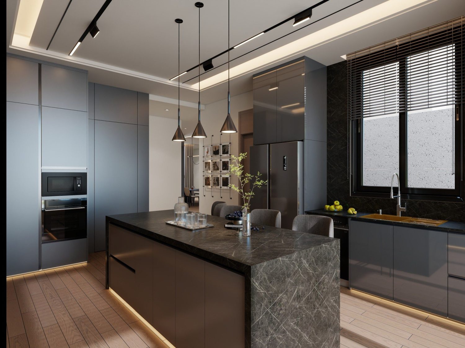 Dark grey moisture-sealed coastal kitchen with marble waterfall island, marine-grade plywood cabinets, LED underlighting