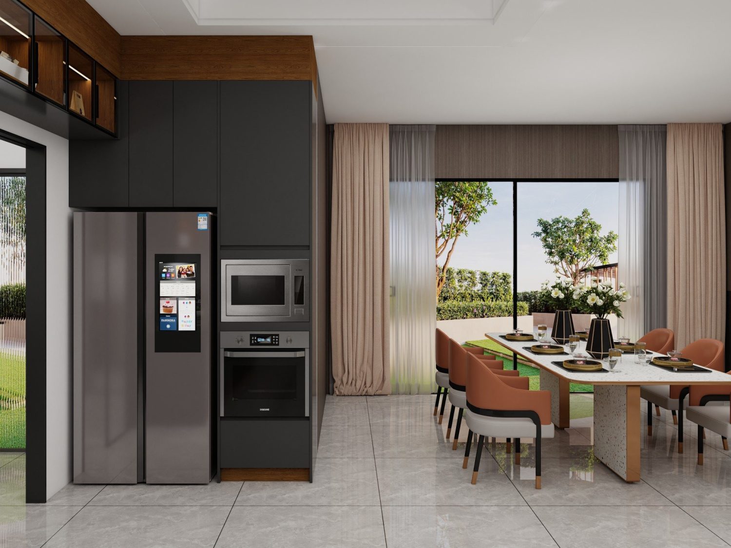 Moisture-sealed gray coastal kitchen cabinets with built-in smart fridge and adjacent terrazzo dining table overlooking garden