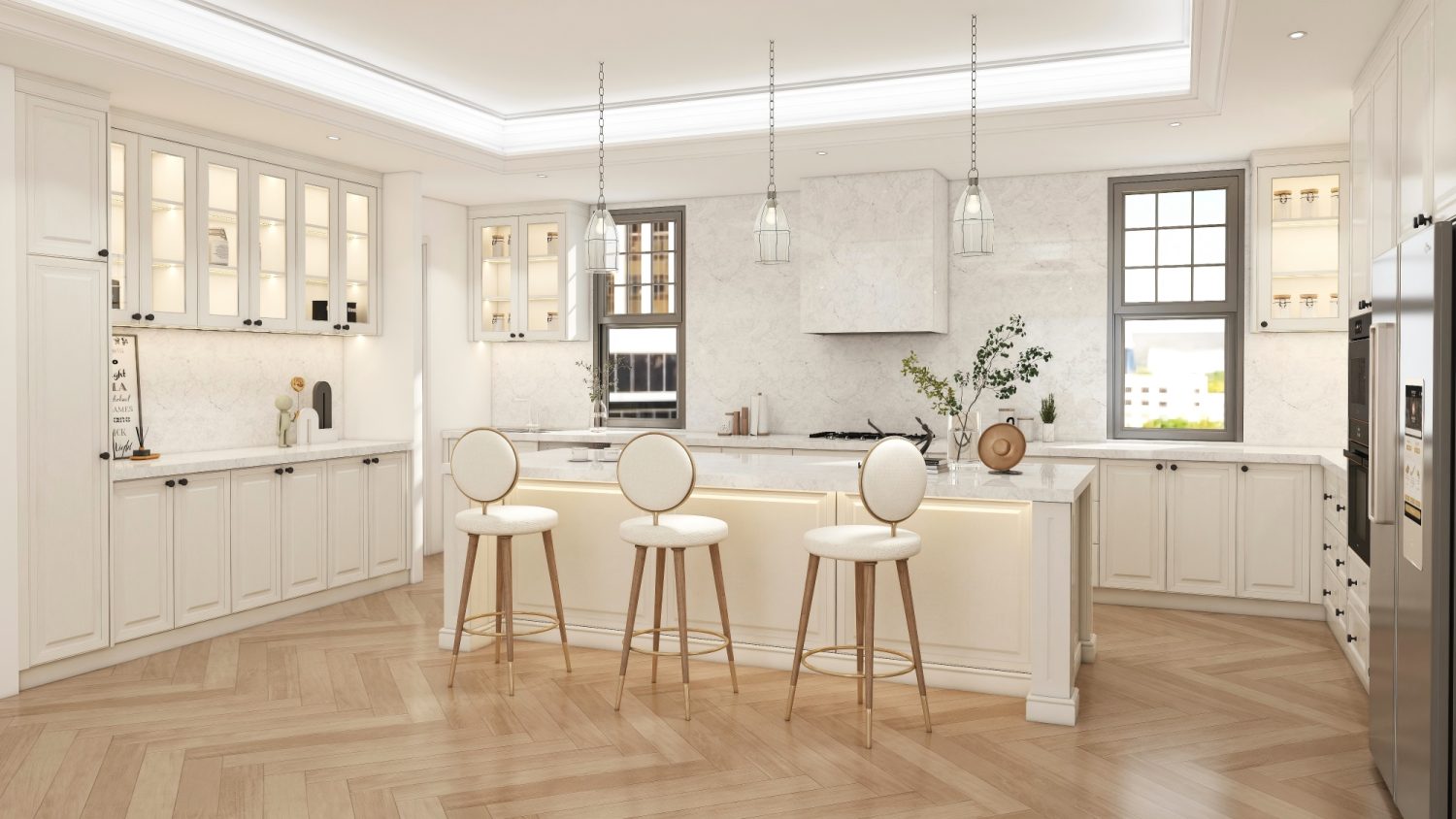 Bright coastal kitchen with moisture-sealed marine-grade plywood cabinets, white quartz island, round-back bar stools, pendant lights