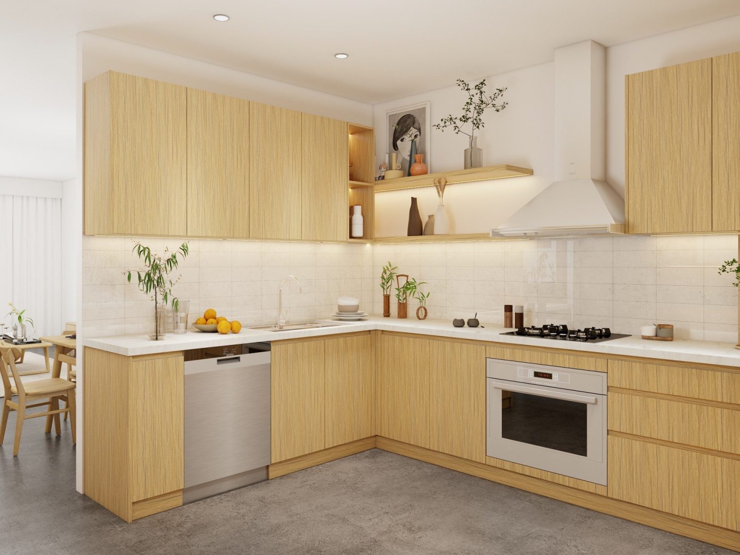 L-shaped coastal kitchen with marine-grade plywood cabinets, white quartz countertop, under-cabinet LED lighting