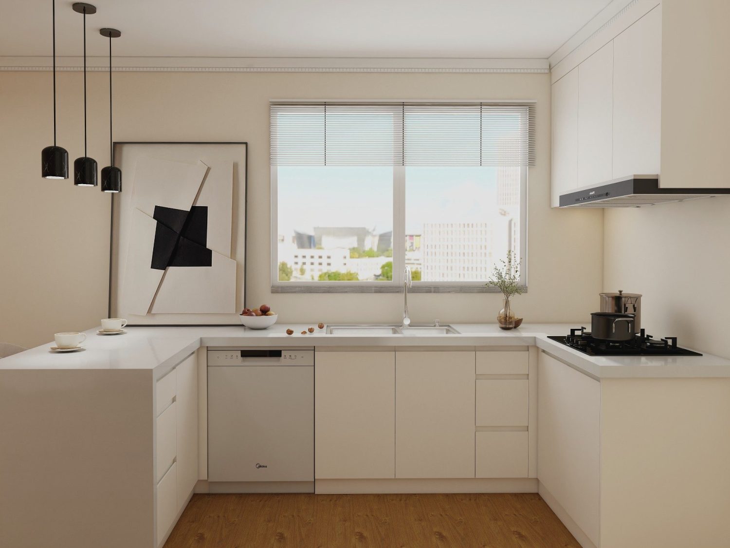 U-shaped coastal kitchen with humidity-resistant marine-grade plywood cabinets, white quartz countertops, vent hood