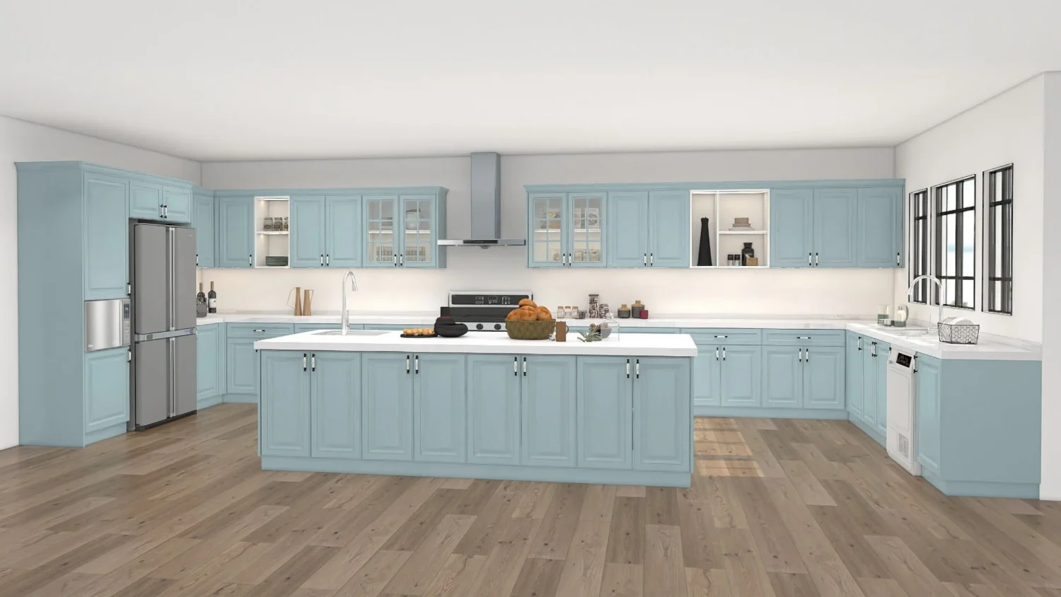 Cocina mediterránea costera de estilo shaker en azul claro con isla grande, encimeras blancas y suelo de madera recuperada.