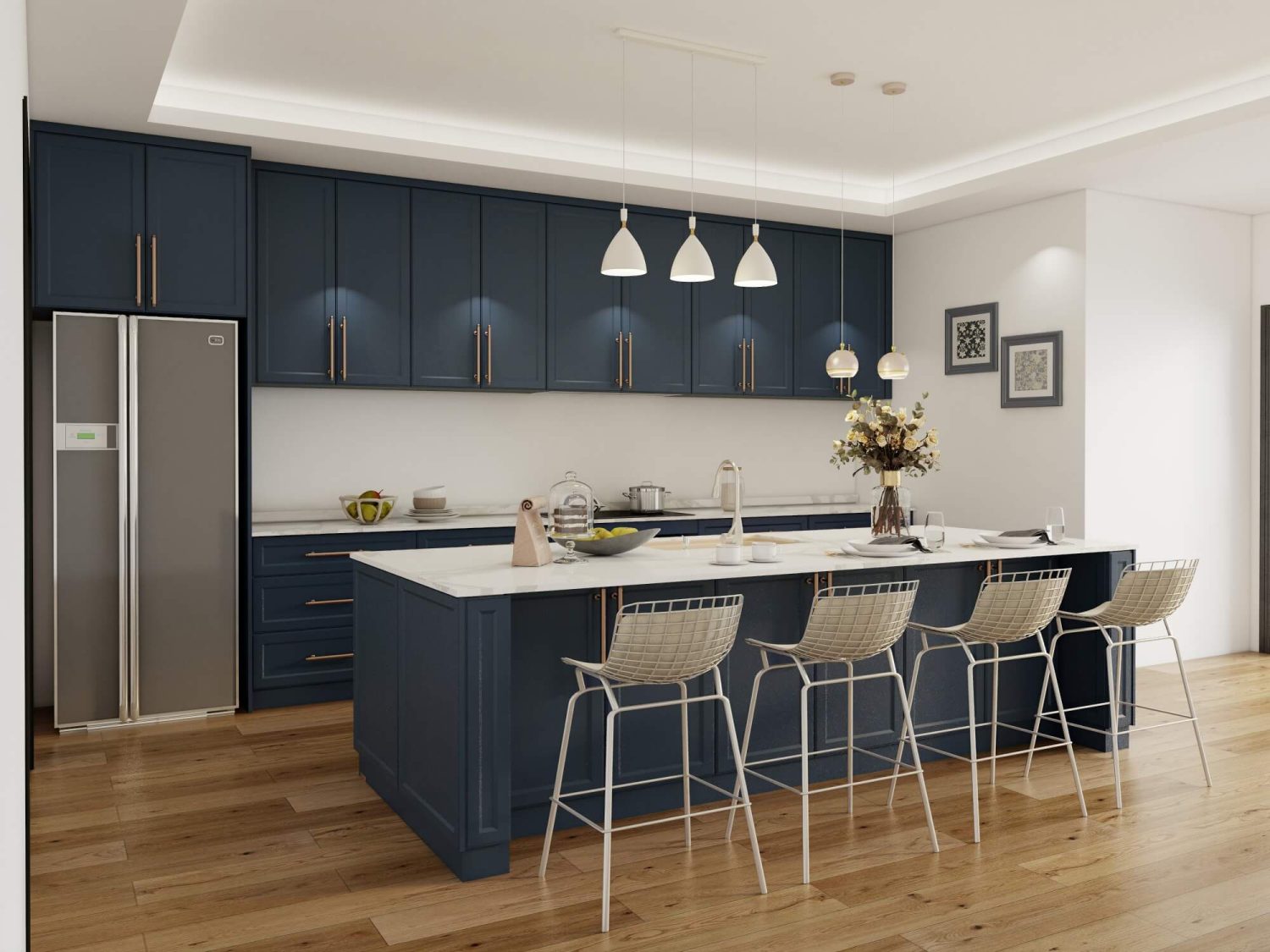 Coastal Mediterranean navy blue shaker kitchen with white island, brass hardware and wire frame bar stools