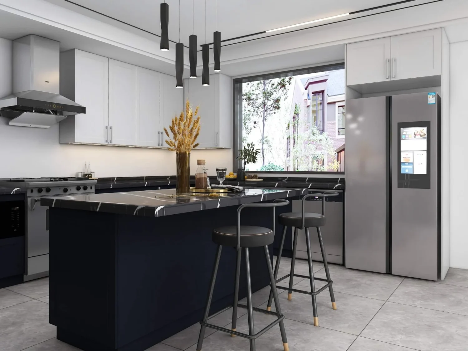 Cocina mediterránea costera con gabinetes superiores blancos, isla azul marino, encimeras de mármol negro y taburetes de bar modernos.