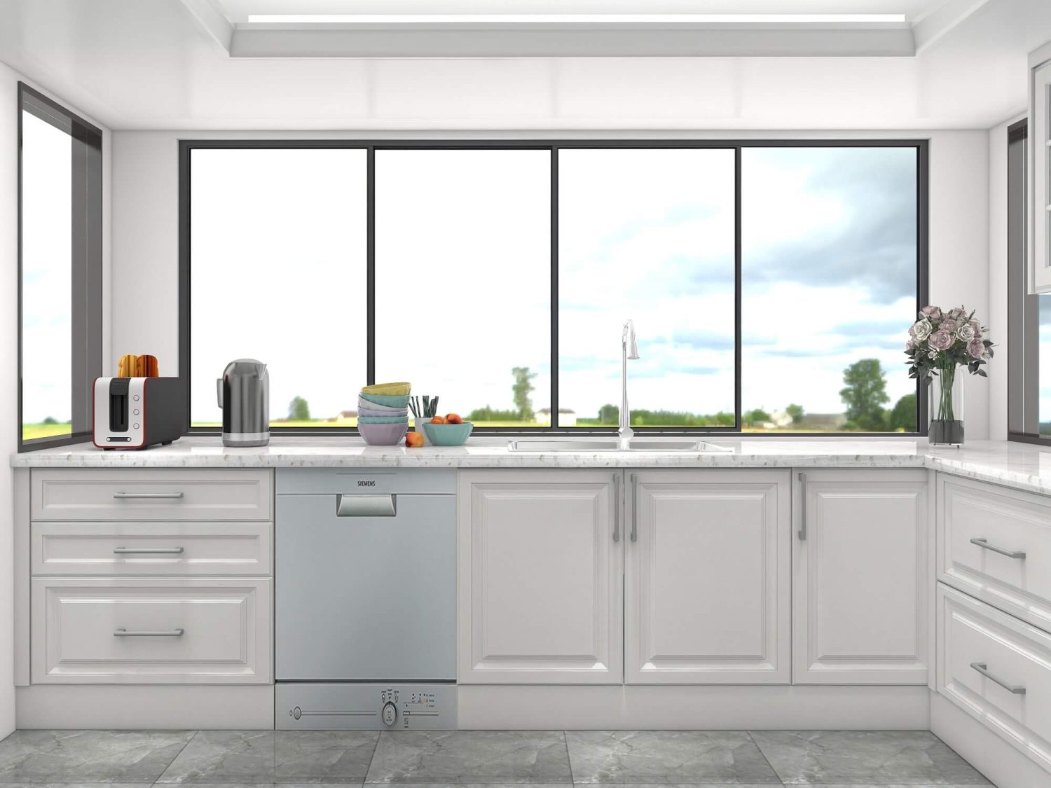 Coastal Mediterranean white shaker kitchen with large windows, ceramic tile flooring and modern appliances