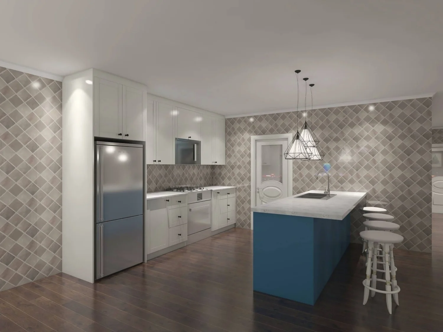 Cocina mediterránea costera con gabinetes blancos tipo shaker, isla azul verdoso y protector contra salpicaduras de azulejos con diseño geométrico en forma de diamante.