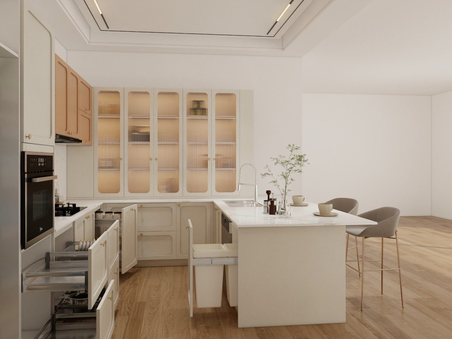 L-shaped coastal kitchen with humidity-resistant marine-grade plywood cabinets, fluted glass doors and integrated pull-out bins
