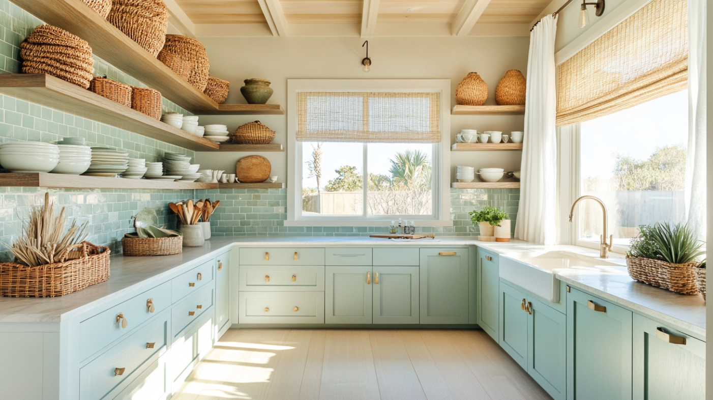 Coastal kitchen featuring pine kitchen cabinets painted soft sea‑foam green