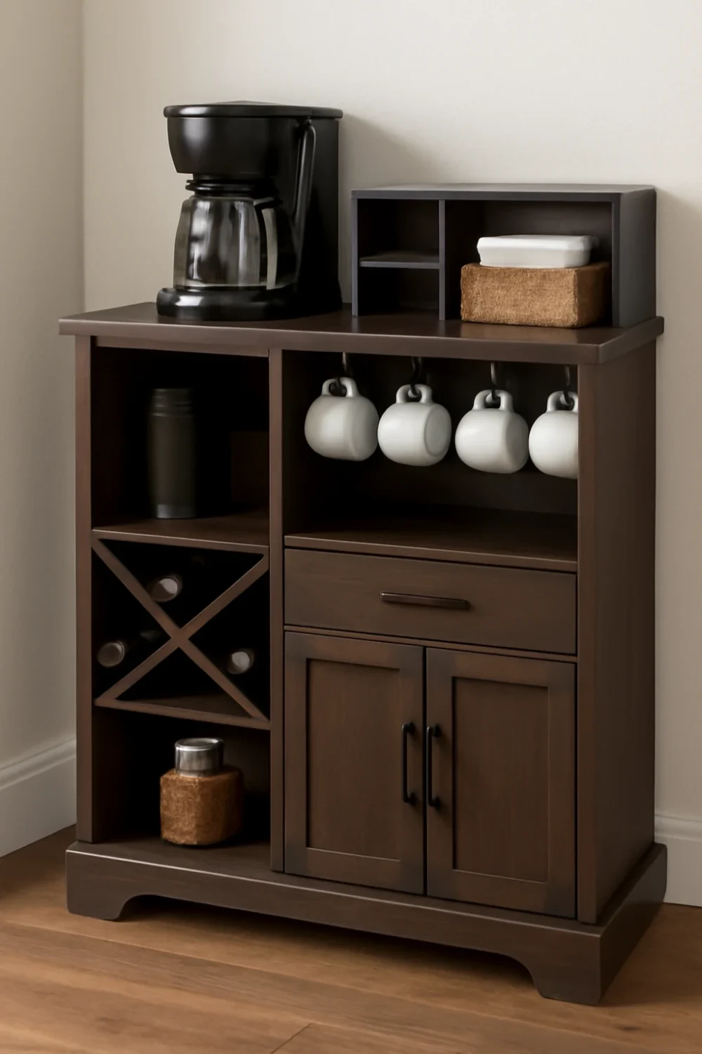 Coffee bar cabinet with storage for mugs, wine rack, and coffee maker, ideal for organizing coffee essentials.
