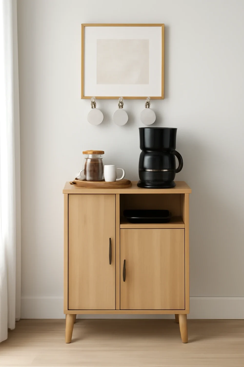 compact coffee bar cabinet with minimalist design, coffee maker, and hanging mugs.