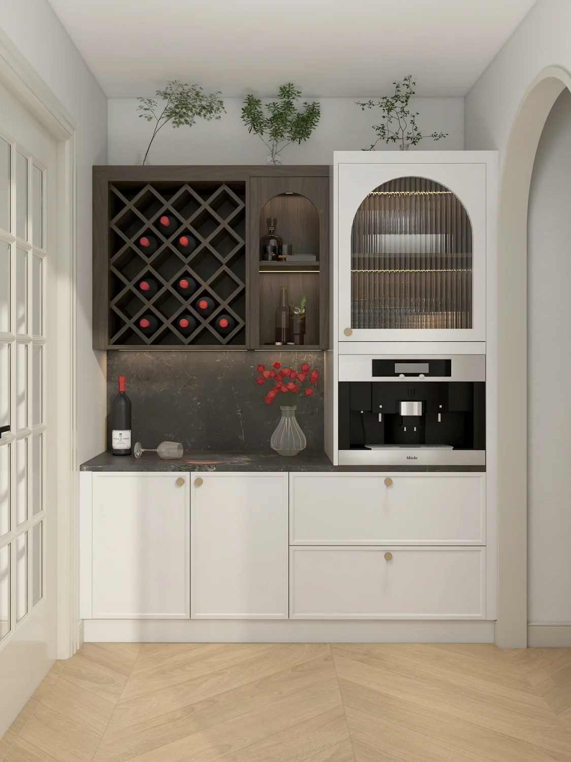 Compact wine cabinet storing under fifty bottles in a stylish home