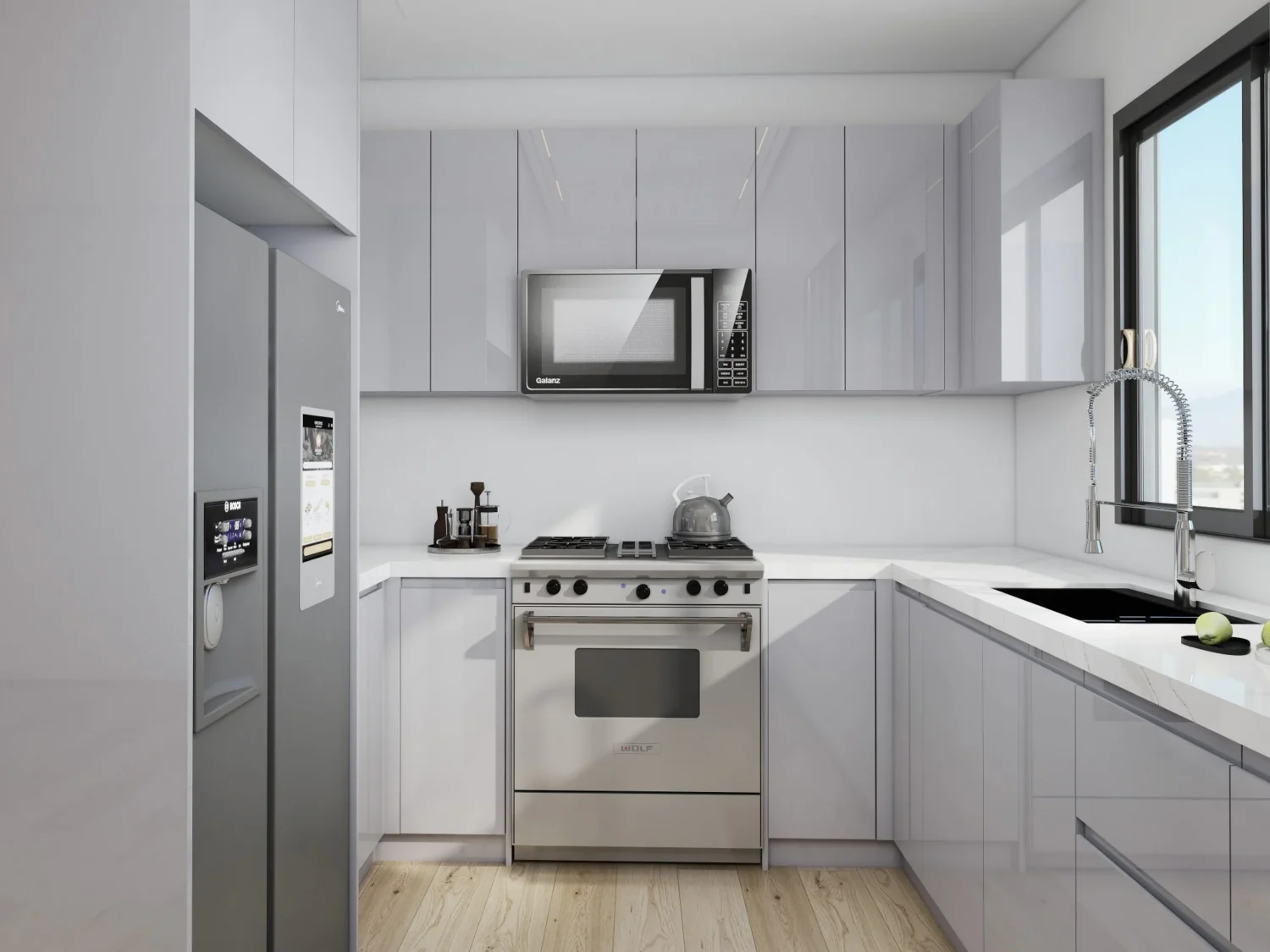 Cocina compacta en forma de U con gabinetes grises brillantes sin tiradores, microondas y horno integrados y optimización del almacenamiento vertical.