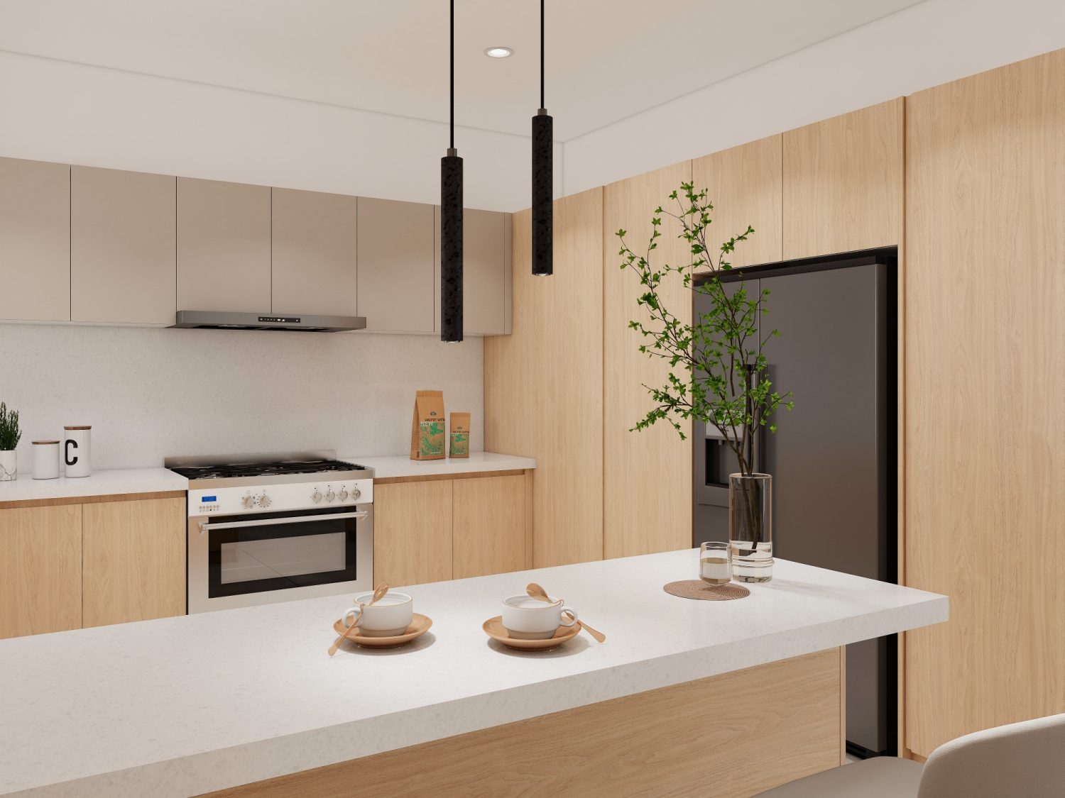 Compact kitchen with handle-free grey upper and wood lower cabinets, integrated fridge housing, and multifunctional island seating.