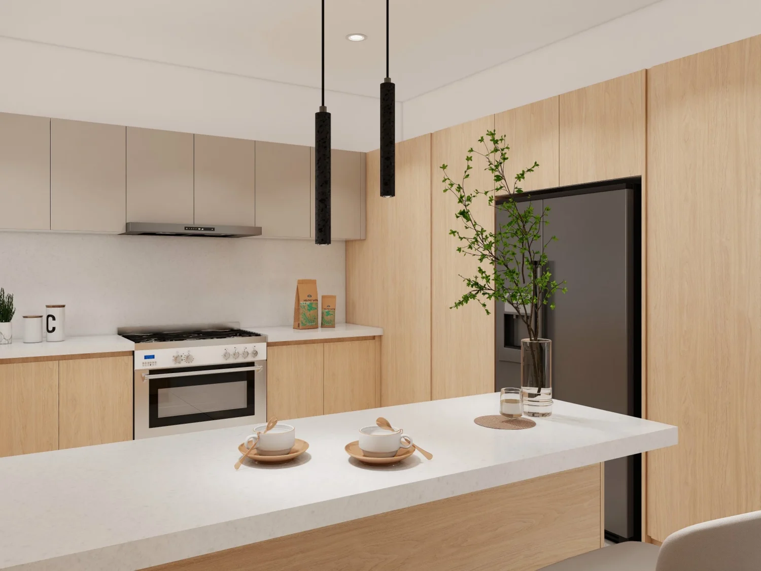 Cocina compacta con gabinetes superiores grises sin tiradores y gabinetes inferiores de madera, compartimento para refrigerador integrado y una isla con asientos multifuncionales.