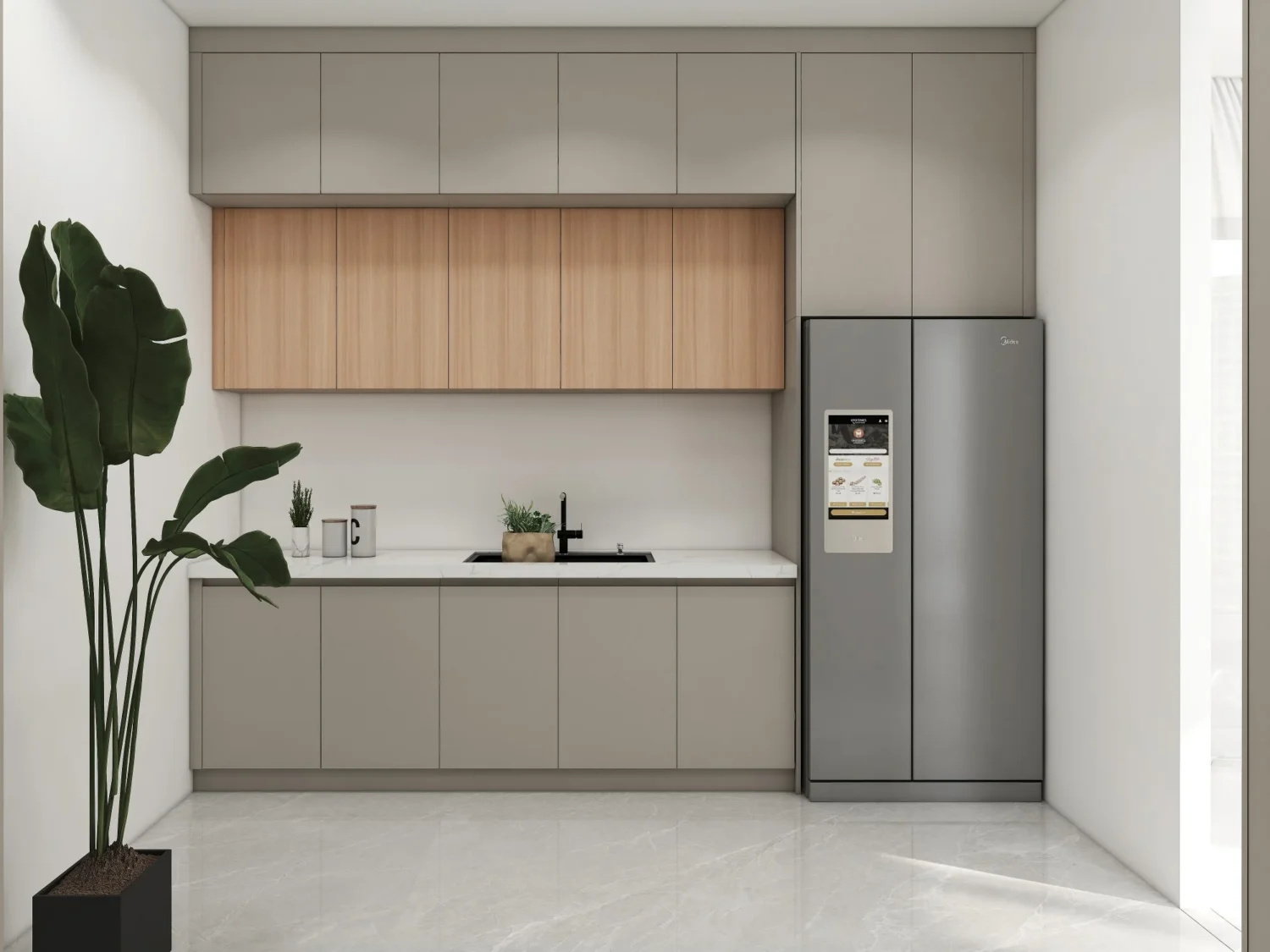Cocina compacta con gabinetes de madera y grises sin tiradores, compartimento para refrigerador integrado y zonas húmedas y secas optimizadas.