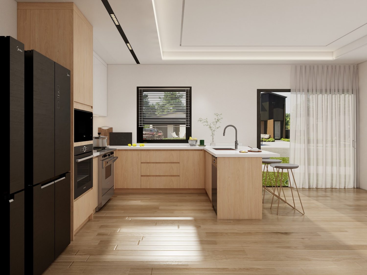Compact U-shaped kitchen with handle-free wood cabinets, integrated oven and fridge housing, and multi-functional island seating.