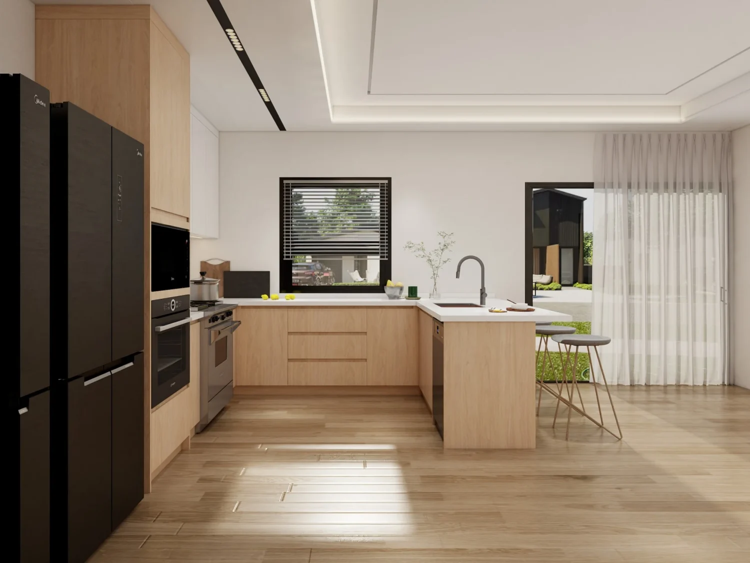 Cocina compacta en forma de U con gabinetes de madera sin tiradores, carcasa integrada para horno y refrigerador y una isla con asientos multifuncionales.
