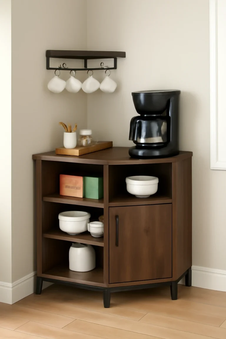 corner coffee bar cabinet with dark wood, coffee maker, and hanging mugs.