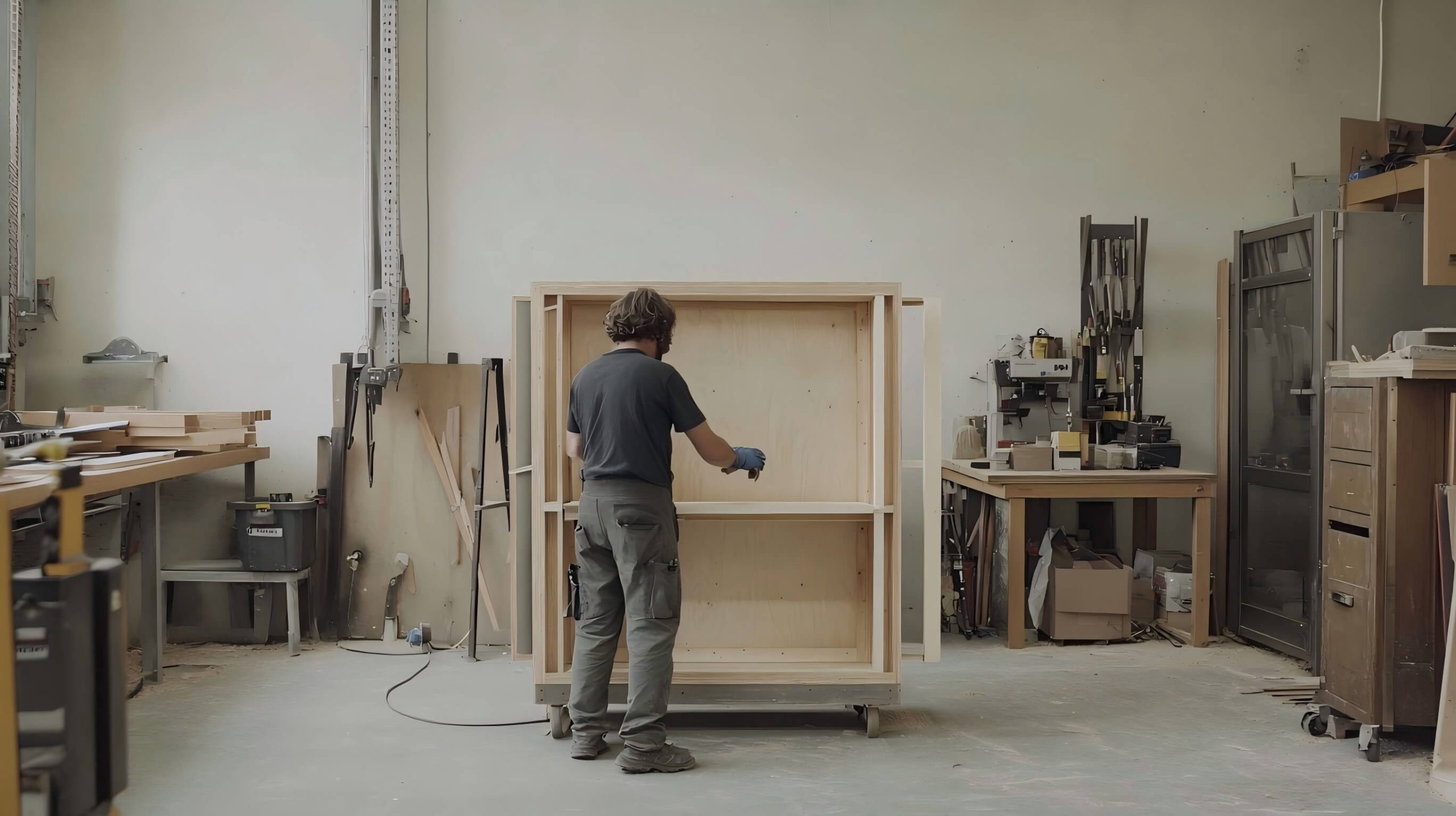 Carpenter building plywood cabinet frame in workshop.