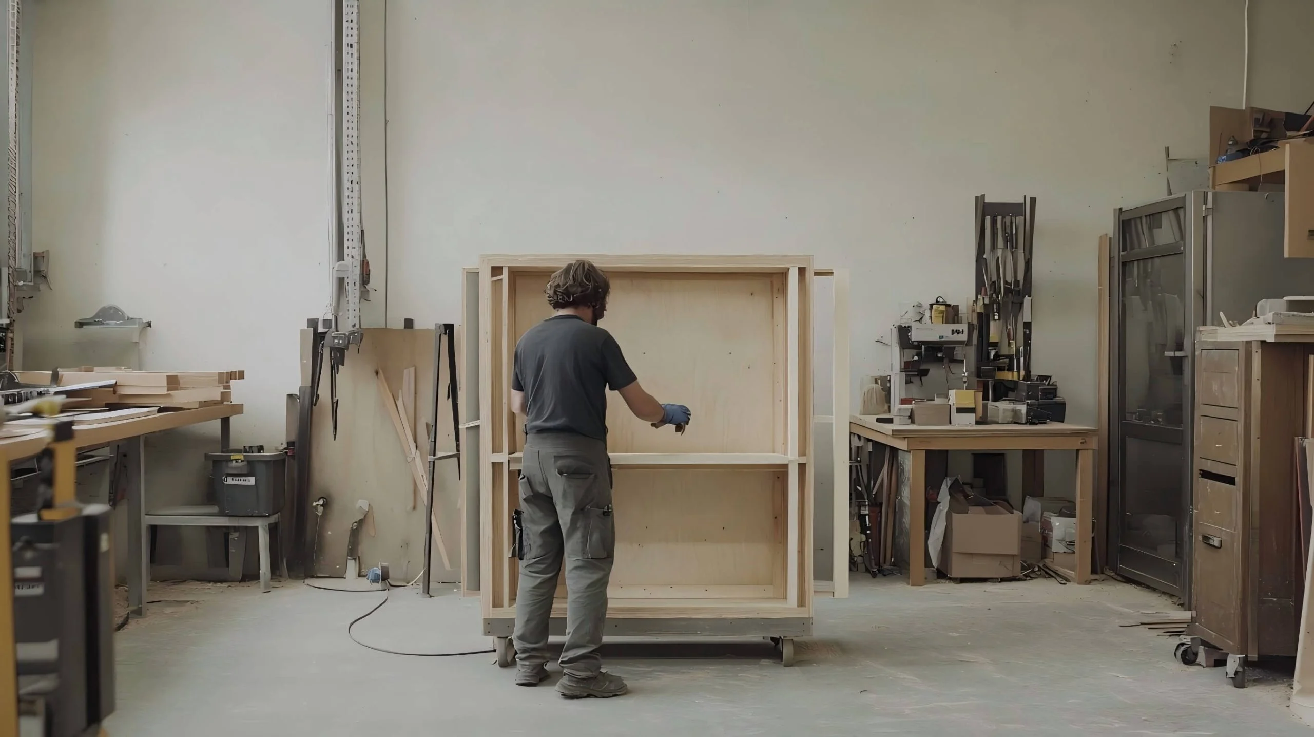 Plywood Kitchen Cabinets 19 Carpenter building plywood cabinet frame in workshop.