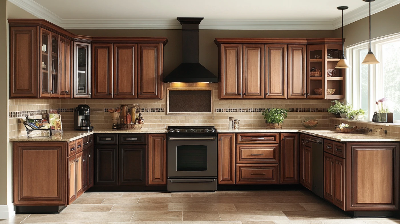 Brown Kitchen Cabinets Inspiration: Top 20 Ideas 37 Kitchen with mixed light and dark brown kitchen cabinets and beige tile flooring