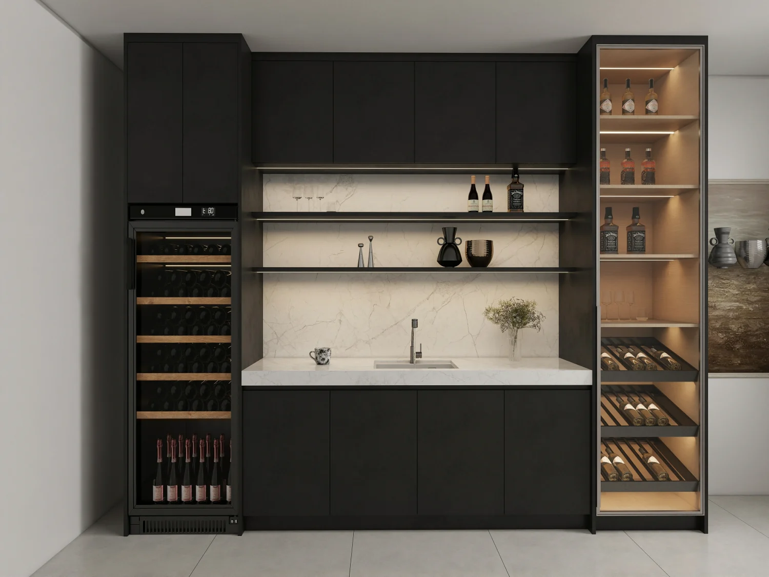 Dual-zone wine cabinet with fridge and illuminated bottle racks